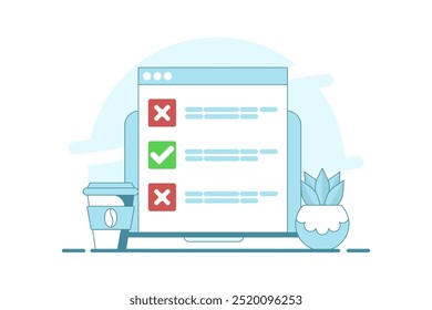Computer concept with checklist. computer with check mark and cross. Online testing. Checklist and Check Mark on Screen. Check Mark and Options in Browser Window, Flat vector illustration.