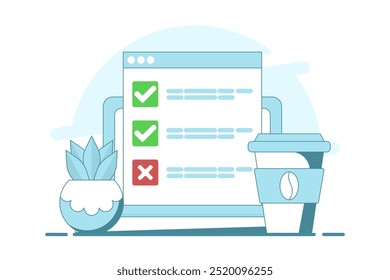 Computer concept with checklist. computer with check mark and cross. Online testing. Checklist and Check Mark on Screen. Check Mark and Options in Browser Window, Flat vector illustration.
