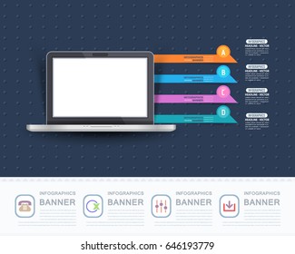 Computer Concept Colorful Infographics Shapes Illustration, Multicolored Glossy Arrows Template with Business Strategy Flat Web Icons. Website Banner Design and Stats Presentation Elements