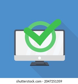 computer with confirmation sign on blue background with long shadow. computer security concept
