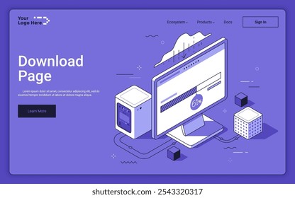 Computer connected to data servers showing progress bar on purple background. Download isometric page landing page template. Information technology system 3d vector illustration for web page