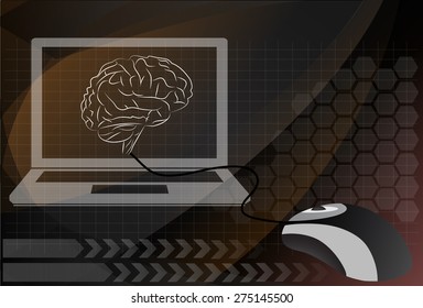 A computer connected to a human brain, vector.