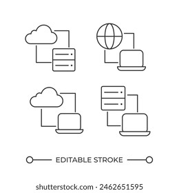 Computer connection linear icons set. Internet access. Cloud computing technology. Server connectivity. Customizable thin line symbols. Isolated vector outline illustrations. Editable stroke