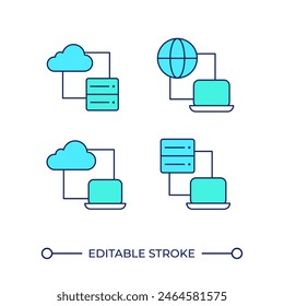 Computer connection RGB color icons set. Internet access. Cloud computing technology. Server connectivity. Isolated vector illustrations. Simple filled line drawings collection. Editable stroke