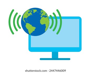 Computer connection vector. Illustration features a computer monitor displaying a globe with interconnected lines or nodes, symbolizing the digital connection between different parts of the world.