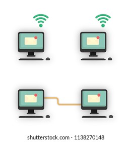 Computer connection wire internet or Peer-to-Peer Network and Wireless Internet flat vector illustration