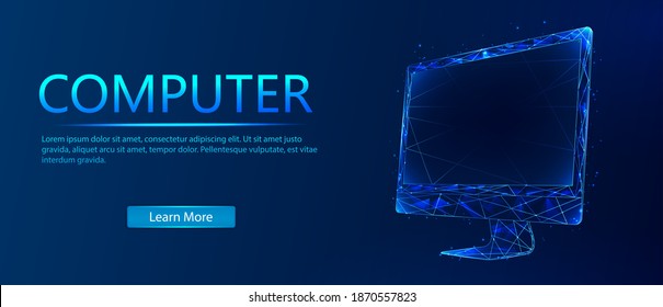 A computer consisting of polygons. Computer in a futuristic polygonal style with a skeleton, low-poly triangles. Internet, or digital, or a symbol of the device and computer. Vector illustration 