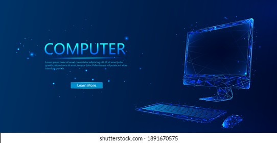 A computer consisting of polygons. Computer in a futuristic polygonal style with a skeleton, low-poly triangles. Internet, or digital, or a symbol of the device and computer. Vector illustration