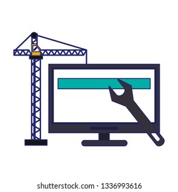 computer with construction crane and wrench blue lines