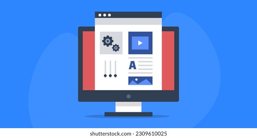 Computer content creation. Computer generating text, image and video content. content marketing software - vector illustration with icons