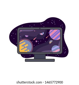The computer conveys a cosmic atmosphere and shows the universe.