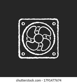 Computer cooler chalk white icon on black background. Desktop PC ventilation and hardware cooling. Small cooler fan, electronic equipment with propeller Isolated vector chalkboard illustration