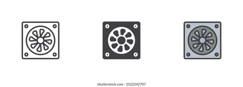 Computerkühler anderer Stil Symbol-Set. Linie, Glyphe und gefüllte Kontur bunte Version, Kontur und gefüllte Vektorzeichen. Lüftungslüftersymbol, Logo-Abbildung. Vektorgrafiken