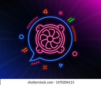 Computer cooler line icon. Neon laser lights. PC fan component sign. Glow laser speech bubble. Neon lights chat bubble. Banner badge with computer fan icon. Vector