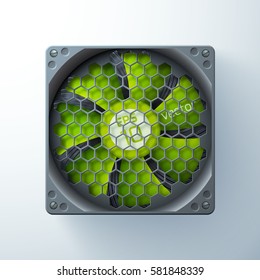 Computer cooler template with green blades metal grid in realistic style on gray background isolated vector illustration