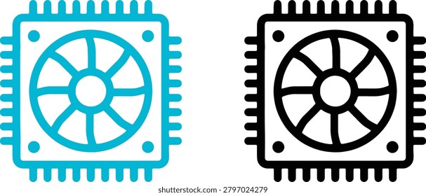 Computer cooling fan hardware device icon set, line and solid flat design. PC component cooler, CPU processor ventilation, and technical tech symbol.