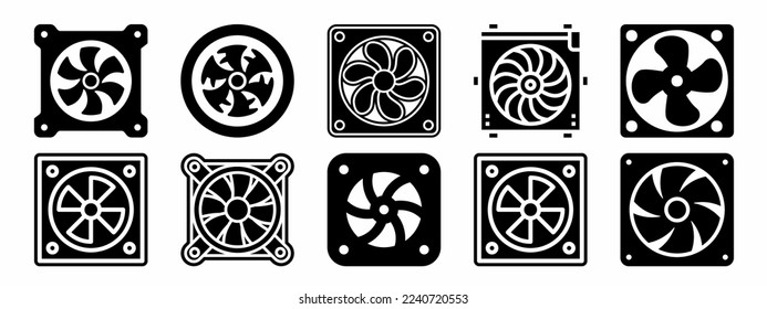 Computer cooling fan icon illustration. Black computer cooling fan icon set. Stock vector.