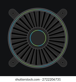 Computer Cooling Fan Vektor Illustration, Schwarz Turbine Stil PC Hardware Lüftungsventilator mit modernem Tech-Design