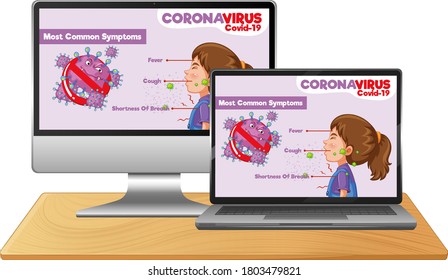 Computadora con información covid-19 en la ilustración de escritorio de pantalla