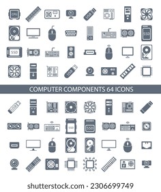 Computer cpomponents 64 icons. Vector illustration.