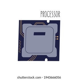 Computer CPU or central processor unit isolated on white. Main PC hardware component. Colored flat vector illustration of microprocessor with circuitry