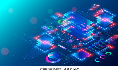 Computer CPU chip or processor on motherboard processes data. Electronic microchip technology. abstract isometric tech concept banner. Blockchain, fintech, artificial intelligence hardware, software.