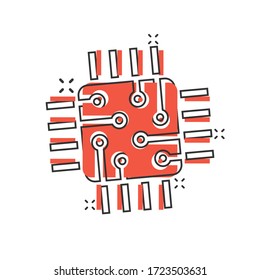 Computer cpu icon in comic style. Circuit board cartoon vector illustration on white isolated background. Motherboard chip splash effect business concept.