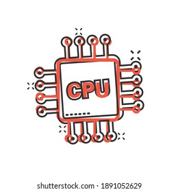 Computer cpu icon in comic style. Circuit board cartoon vector illustration on white isolated background. Motherboard chip splash effect business concept.