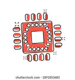 Computer cpu icon in comic style. Circuit board cartoon vector illustration on white isolated background. Motherboard chip splash effect business concept.