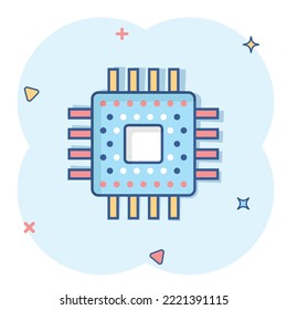 Computer cpu icon in comic style. Circuit board cartoon vector illustration on white isolated background. Motherboard chip splash effect business concept.