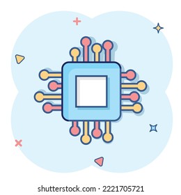 Computer cpu icon in comic style. Circuit board cartoon vector illustration on white isolated background. Motherboard chip splash effect business concept.