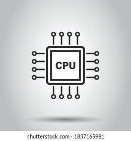 Computer cpu icon in flat style. Circuit board vector illustration on white isolated background. Motherboard chip business concept.