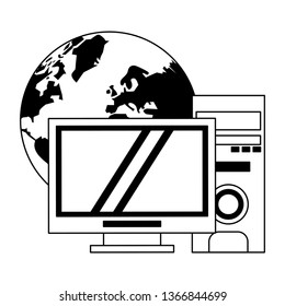 Computer and cpu internet connection in black and white