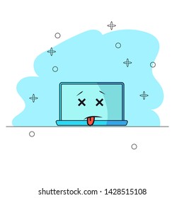 Computer crashed. Breakdown Funny cartoon computer character with eyes closed and tongue hanging out. Sick and medication Needs help. Vector illustration for blog, website, booklet, banner