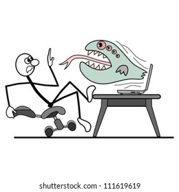 from computer crashes virus. man falls from his chair.