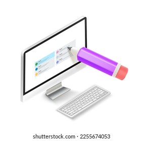 Computer and crayon. Isometric vector illustration with pc