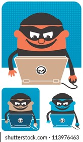 Computer Crime: Criminal using computer to commit crime. The illustration is in 3 versions. No transparency and gradients used.