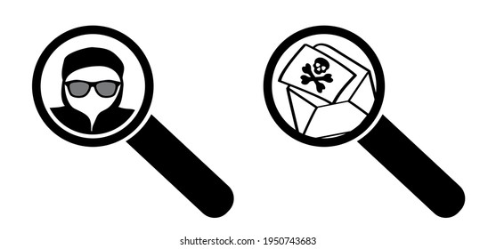 Computer crime. Hacker using computers, for stealing data. Online ransomware or malware, steal personal data. Cyber warface. Vector balaclava icon. Hybrid war, warfare, DDoS digital attack. Keylogger