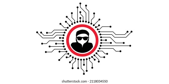 Computer crime. Hacker using computers, stealing data. Online ransomware or malware to steal personal data from computer. Cyber security. Vector balaclava sign. Keyloggers. you have been hacked, Pwned