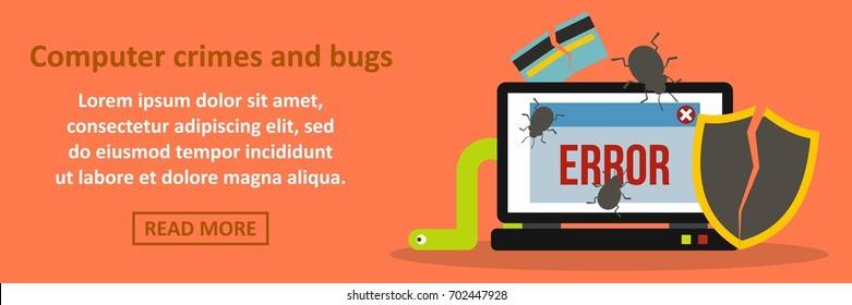 Computer crimes and bugs banner horizontal concept. Flat illustration of computer crimes and bugs banner horizontal vector concept for web