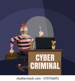 Computer criminal spy concept. Cartoon illustration of computer criminal spy vector concept for web