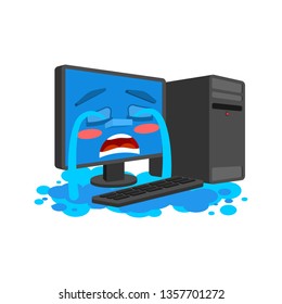 Computer crying tears isolated. cry PC Cartoon Style Vector