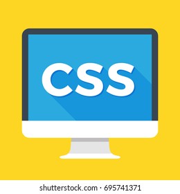 Computer with CSS word on screen. Cascading style sheets, style sheet language concept. Web development, coding, learning concepts. Simple flat icon. Modern long shadow flat design vector illustration