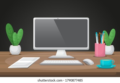 Computer Cup of Coffee on Workbench Office Work Table Illustration