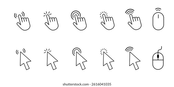 Computer cursor icon set with mouse arrows, hand gestures, click animations, and loading indicators. Great for UI, web layouts, and digital platforms. Vector illustration.