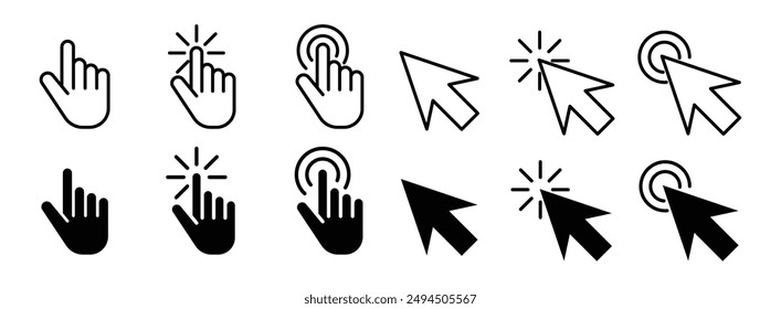 computer cursor pointer hand icon set. click here hand arrow vector symbol collection.