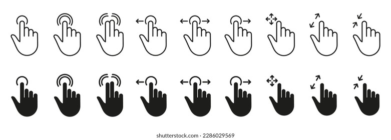 Computer Cursor, Pointer Icon Set. Hand with Finger Digital Mouse Click Line and Silhouette Sign. Website and App Interface, Press, Tap, Link, Choice Button Symbol. Isolated Vector Illustration.