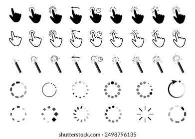 Computer cursors mega set elements in flat graphic design. Bundle objects of navigation symbols, click finger hands, wands, circles and arrows for pointer, choice, downloading. Vector illustration.