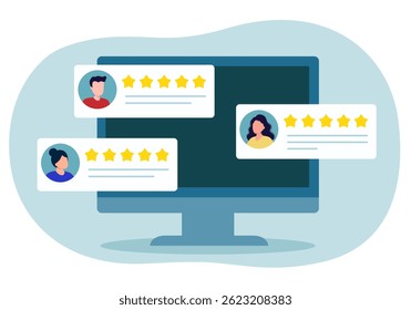 Computer with customer feedback. Stars customer review vector. Website quality service client feedback. Social media comment.