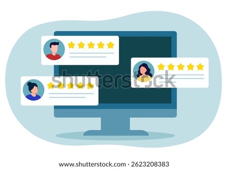 Computer with customer feedback. Stars customer review vector. Website quality service client feedback. Social media comment.